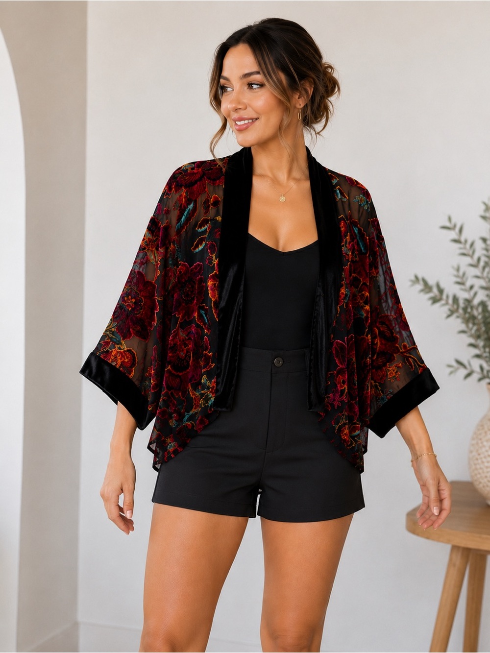 Xhilaration Floral Burnout Velvet Kimono Sheer Open Front Black Red XS/S Boho